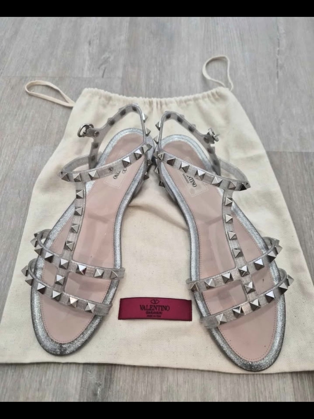 Valentino Metallic Silver Rockstud T-Strap Flat Sandals